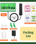 Packing list of No-Fuss All-In-One 6-In-1 WiFi Hydroponics Monitor with pH EC TDS CF Temp Humidity including probes and solutions.