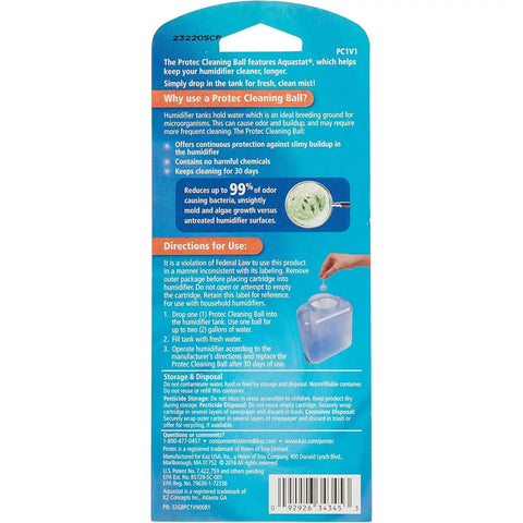 Back of Humidifier Tank Cleaning Cartridge Twin Pack packaging with instructions and product benefits.