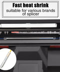 Top Shelf Fiber Optic Splice Sleeves With Robust 304 Stainless Steel Inner Needles And Clear Polyethylene Heat Shrink Tubing For Rock Solid Bare Cable Reinforcement Fusion Patch Kits Come In A Full Hundred Piece Bundle For Daily Field Grind showing the heat shrink process on a splicer.