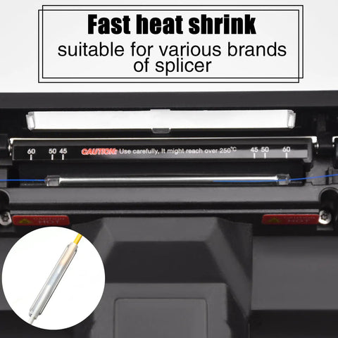 Top Shelf Fiber Optic Splice Sleeves With Robust 304 Stainless Steel Inner Needles And Clear Polyethylene Heat Shrink Tubing For Rock Solid Bare Cable Reinforcement Fusion Patch Kits Come In A Full Hundred Piece Bundle For Daily Field Grind showing the heat shrink process on a splicer.