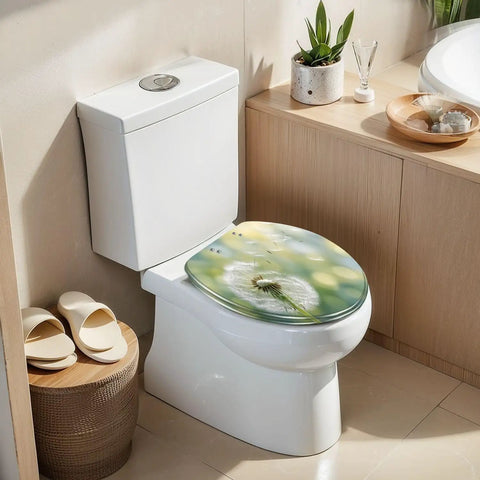 Elongated Dandelion clock morning sun Toilet Seat on modern toilet, showcasing soft-close feature and vibrant design.