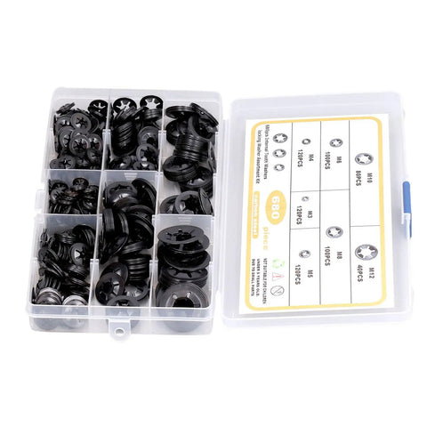 680 Piece Carbon Steel Locking Washers Assortment Kit Hella Rugged Shakeproof Internal Tooth Design with organized sections in clear box.