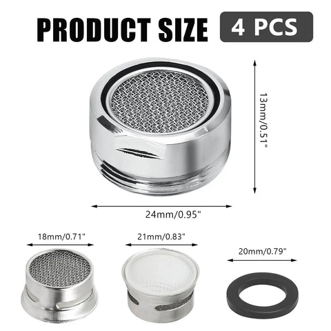 4 Pack Universal Faucet Aerators With 15/16 Male Thread For Fast Kitchen Sink And Bathroom Tap Replacements showcasing sizes of the aerators.
