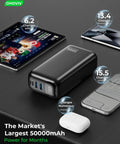 Ultra 50000mAh Portable Charger With PD 22.5W Fast Charging And Hella Solid Power Bank on a table with devices.