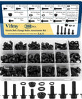 Industrial Strength M6 M8 M10 Flange Bolt And Serrated Nut Assortment Kit 288 Piece showing black metric fasteners and washers.