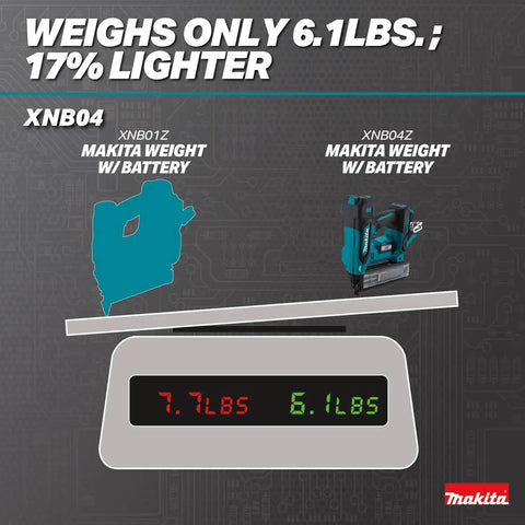 Digital scale showing Makita 2 Inch 18 Gauge Cordless Brad Nailer weighing 6.1lbs with battery compared to 7.7lbs tool.