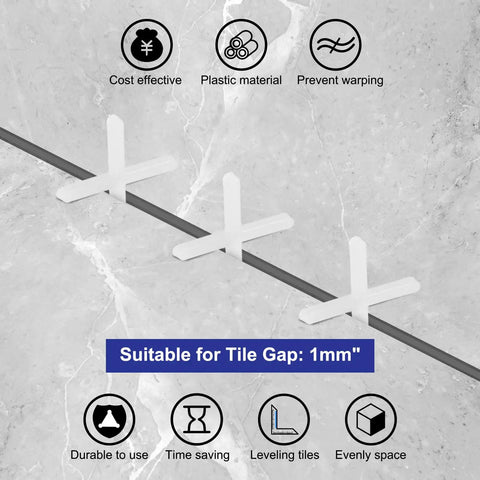 Image showing 1200 Pcs Cross Shape Tile Spacers 1mm Gap For Ceramic Tile Installation on a gray tiled surface demonstrating even spacing.