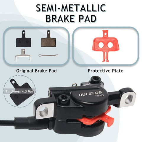BUCKLOS HB-323 hydraulic disc brake set with 160mm rotors; black aluminum 2-piston caliper and red lever, includes pads and hardware