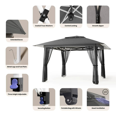 13x13 Pop Up Gazebo Tent With Mosquito Netting For Outdoor Lawn And Backyard Use, Includes 4 Sandbags, 8 Stakes, 4 Ropes, Roller Bag, Easy Setup Canopy With Three Height Options 8.5, 8.9 And 9.2 Feet, Gray displayed