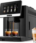 Fully Automatic Espresso Machine With Built In Conical Grinder And Auto Foaming Milk Wand brewing espresso into two glasses.