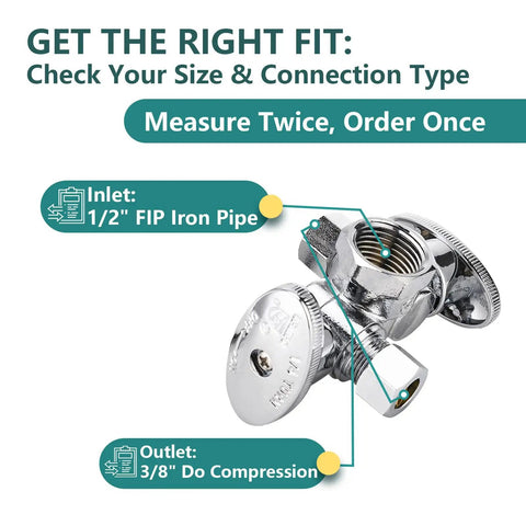Heavy Duty 50 Pack Dual Outlet Compression Stop Valve Half Inch Fip X 3 8 Od To 3 8 Od 1 4 Turn Angle Shut Off Handle Water Supply Valve For Bidet Sink Washer Super Easy Hookup inlet and outlet sizes illustration.