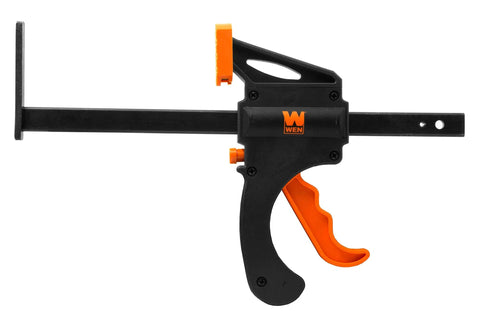 Side view of two pack quick release track saw clamps with 7.5 inch opening, 2.5 inch throat, easy release buttons, and squeeze trigger.