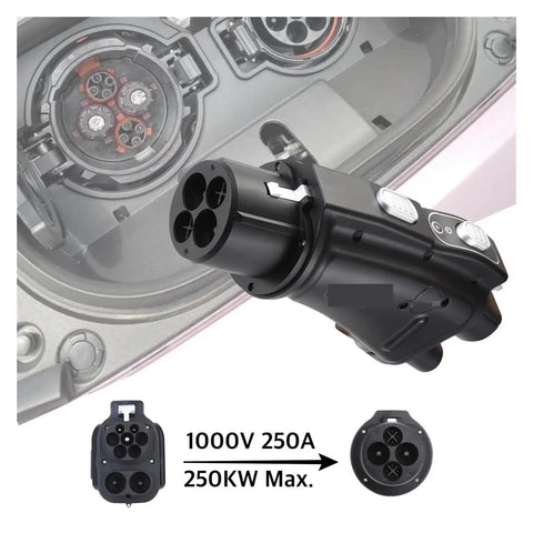 No Sweat Ccs2 To Chademo Ev Fast Charger Adapter Built Heavy For Highway Heroes And Rapid 250A DC Power Delivery At 1000V close-up connector view.
