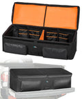 Truck Bed Cargo Organizer Bag For Pickup And SUV Fits Gladiator Ranger Cybertruck Tacoma open and closed view, on truck bed.