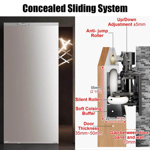 Trackless Sliding Door Hardware With Soft Close Kit For Barn Doors Heavy Duty Ghost Door Track System Invisible Top Track For Clean Look