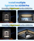 Installation of AD5M 24V LED Strip Kit for 3D printers on Adventurer 5M Pro, showing single and double light board setups.