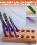 Wood Pliers Block Organizer for the Bench Fits 6 Pairs in a 12 Hole Pliers Rack showing 14mm hole and plier handle size