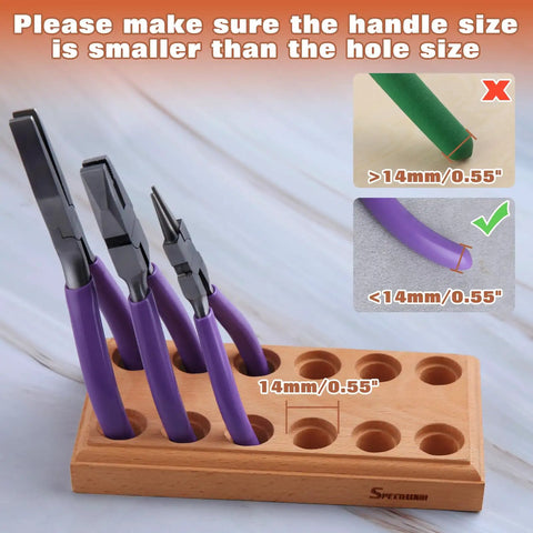 Wood Pliers Block Organizer for the Bench Fits 6 Pairs in a 12 Hole Pliers Rack showing 14mm hole and plier handle size