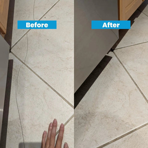 Before and after repair of cracked bathroom tiles using Honey Beige Ceramic Tile Repair Kit with Durable Nanotech Filler.