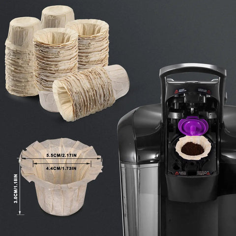 Disposable K Cup Filters 300 Count For Keurig 1.0 2.0 Brewers Unbleached Natural in use with coffee maker