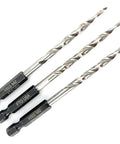 Three Piece Countersink Drill Bit Set With Wicked Sharp Tapered Edges And Heavy Duty Hex Shank, HSS steel, 11/64 inch size.