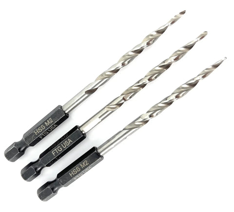 Three Piece Countersink Drill Bit Set With Wicked Sharp Tapered Edges And Heavy Duty Hex Shank, HSS steel, 11/64 inch size.