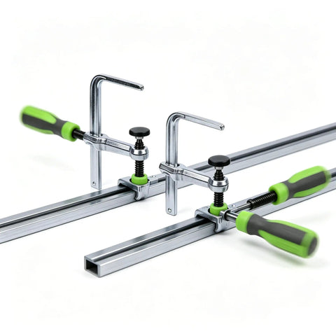 Rock Solid Kickass Hold Down Clamps For Woodworking Track Saws And T Track Jigs Precision Dovetail Shop Fixture with green grips.