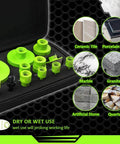 Tile hole saw kit, 12-piece neon-green diamond drill bits by Amazon for porcelain, ceramic, marble, granite.