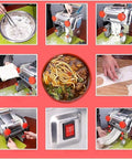 Premium 304 Stainless Steel Electric Noodle Maker Built Different For Fast Hassle Free Fresh Pasta Creation Perfect Kitchen Standout For Home Cooks And Busy Professionals Right Now, showing various pasta types and noodle making process.