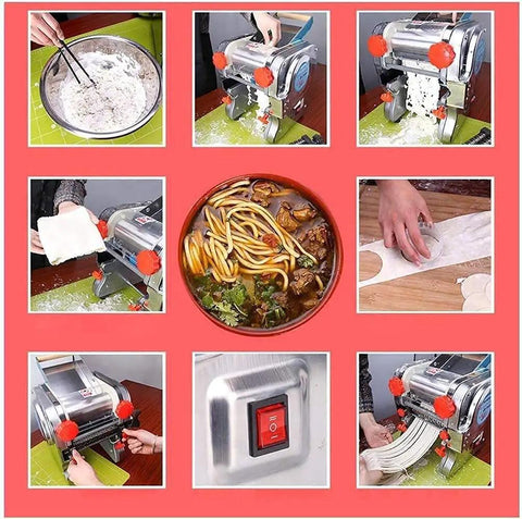 Premium 304 Stainless Steel Electric Noodle Maker Built Different For Fast Hassle Free Fresh Pasta Creation Perfect Kitchen Standout For Home Cooks And Busy Professionals Right Now, showing various pasta types and noodle making process.