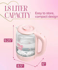 Pink Glass Electric Kettle 1.8 Liter With 1100 Watt Fast Boil Auto Shut Off Boil Dry Protection shown with dimensions