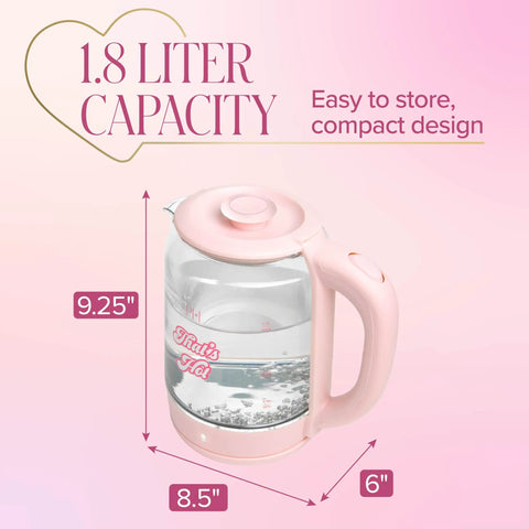 Pink Glass Electric Kettle 1.8 Liter With 1100 Watt Fast Boil Auto Shut Off Boil Dry Protection shown with dimensions