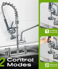 Commercial Wall Mount Kitchen Sink Faucet With High Pressure Pre Rinse Sprayer And Add On Swing Spout 8 Inch Adjustable Centers, showing dual control modes.