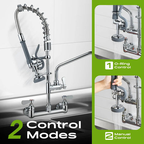 Commercial Wall Mount Kitchen Sink Faucet With High Pressure Pre Rinse Sprayer And Add On Swing Spout 8 Inch Adjustable Centers, showing dual control modes.