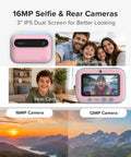 Kids Instant Print Camera Kit With 16MP Sensor, 9 Roll Paper Pack, Durable Travel Case, Totally All In One Gift Set For Ages 4 12, Easy Photo Printing On The Go, Great Starter Camera For Creative Fun. Pink kids camera with 3-inch dual screen and front rear lens