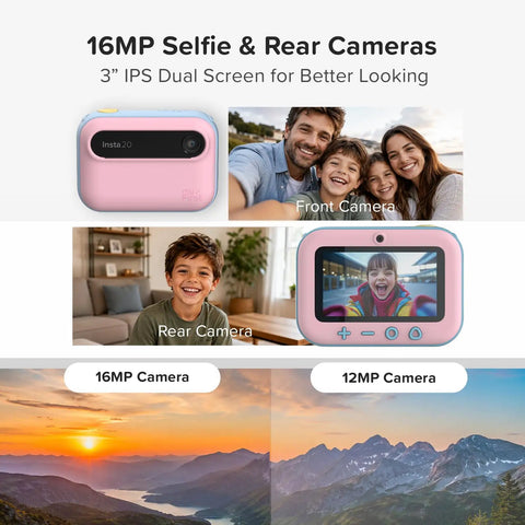 Kids Instant Print Camera Kit With 16MP Sensor, 9 Roll Paper Pack, Durable Travel Case, Totally All In One Gift Set For Ages 4 12, Easy Photo Printing On The Go, Great Starter Camera For Creative Fun. Pink kids camera with 3-inch dual screen and front rear lens
