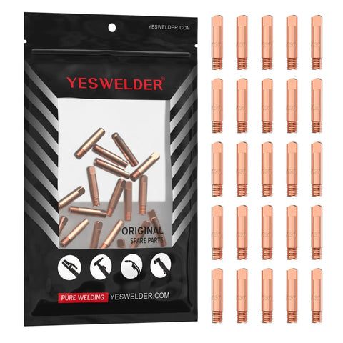 Super Hot MIG Welding Contact Tips 11-30 Size For.030 Wire, Premium 25 Pack in a black bag with copper tips visible.