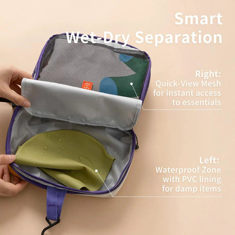 Open Water Resistant Travel Toiletry Bag With Hidden Carabiner Hook And Hanging Loop, showing wet-dry separation and compartments.