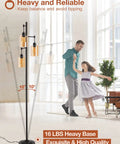 Industrial Floor Lamp With Amber Glass Shades Three Head Tree Design Tall Black Pole Lamp in living room setting