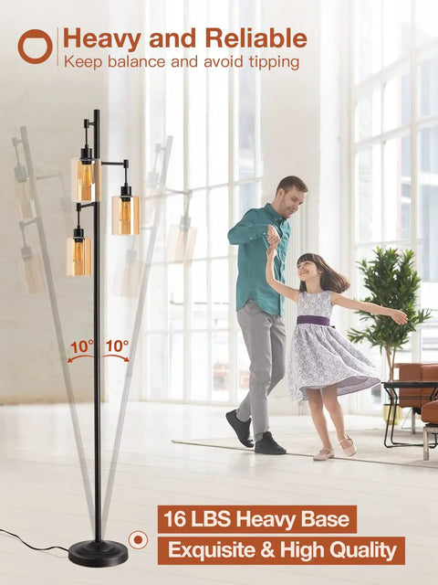Industrial Floor Lamp With Amber Glass Shades Three Head Tree Design Tall Black Pole Lamp in living room setting