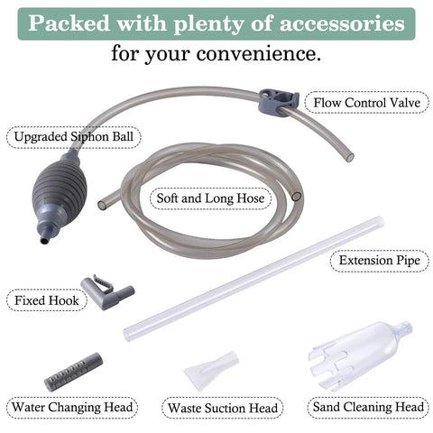 3-in-1 Aquarium Vacuum Gravel Cleaner With Adjustable Siphon For Easy Waste Removal Water Change And Sand Washing In One Kit Includes Hand Siphon Hose And Extension Tube For Low Water Level Maintenance. with hose, valve, and heads