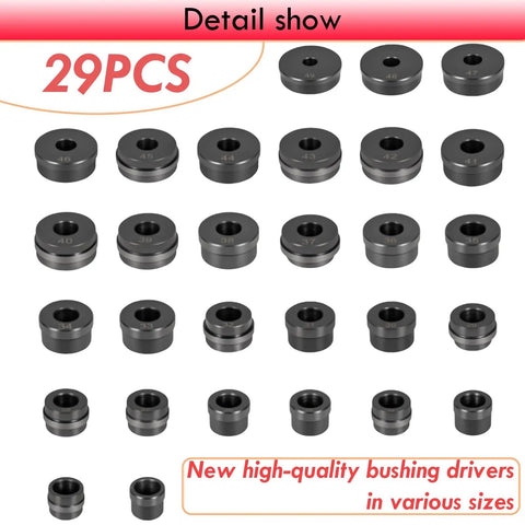 Array of 29 high-quality CNC-machined steel bushings from Boss Level Master Bushing Driver Set For GM Ford Chrysler Transmissions.