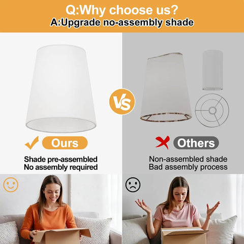 Comparison of pre-assembled white fabric shade and non-assembled shade with happy and unhappy users for Top Tier Three Light Brushed Gold Vanity Lights With Flared White Fabric Shades Smooth Bathroom Mirror Fixture And Modern Wall Sconces For Bedroom Hallway Decor Upgrade.