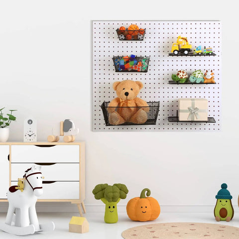 Six Piece Pegboard Baskets Set Wall Mount Wire Pegboard Baskets In Three Sizes Small Medium Large holding toys and crafts