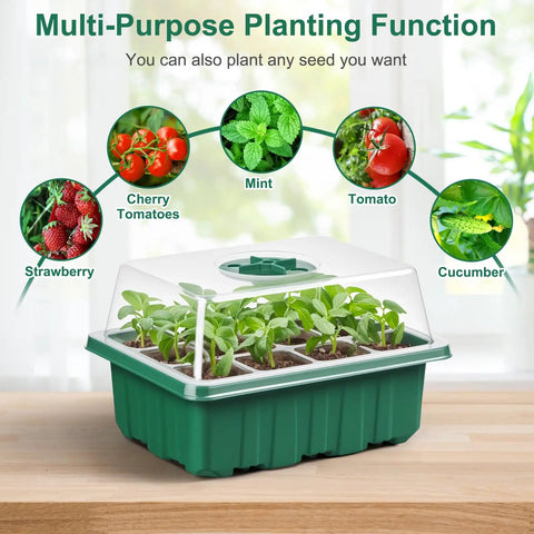 120 Cell Seed Starter Tray Kit With Humidity Dome For Seedlings And Planting Starter showing seedlings and planting icons