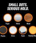 Graphic showing surfaces: paper, metal, wood, plastic, glass, foam, painted walls for Clear Double Sided Adhesive Dots 0.5 Inch Diameter