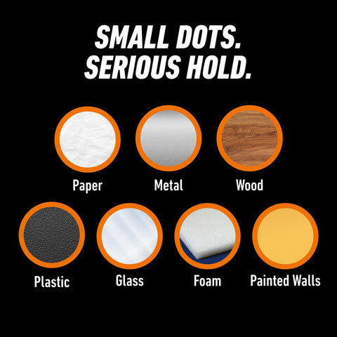Graphic showing surfaces: paper, metal, wood, plastic, glass, foam, painted walls for Clear Double Sided Adhesive Dots 0.5 Inch Diameter