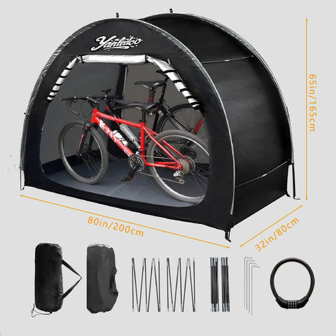 6.6Ft Waterproof Bike Storage Shed Tent For 2 Bikes, No Fuss Easy Setup Outdoor Portable Bicycle Shelter With Window, 210D Oxford Fabric, PU4000 Weatherproof, Black displaying setup elements and security lock