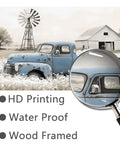 Rustic Countryside Barn Canvas Wall Art Featuring Blue Rusty Old Pickup Truck, White Flower Meadow, Windmill and Barn Backdrop For Farmhouse Decor