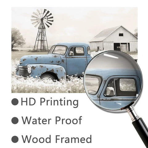 Rustic Countryside Barn Canvas Wall Art Featuring Blue Rusty Old Pickup Truck, White Flower Meadow, Windmill and Barn Backdrop For Farmhouse Decor